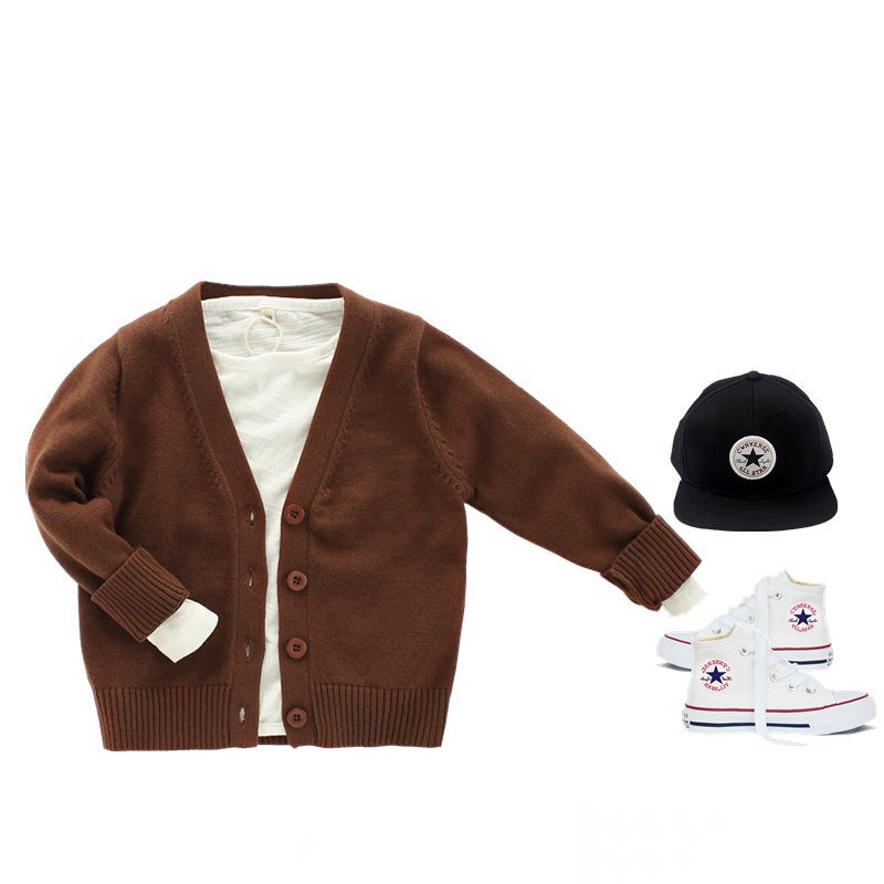 Spring and autumn Japanese children's knitted cardigan cotton boys and girls baby brown cotton wool cardigan jacket