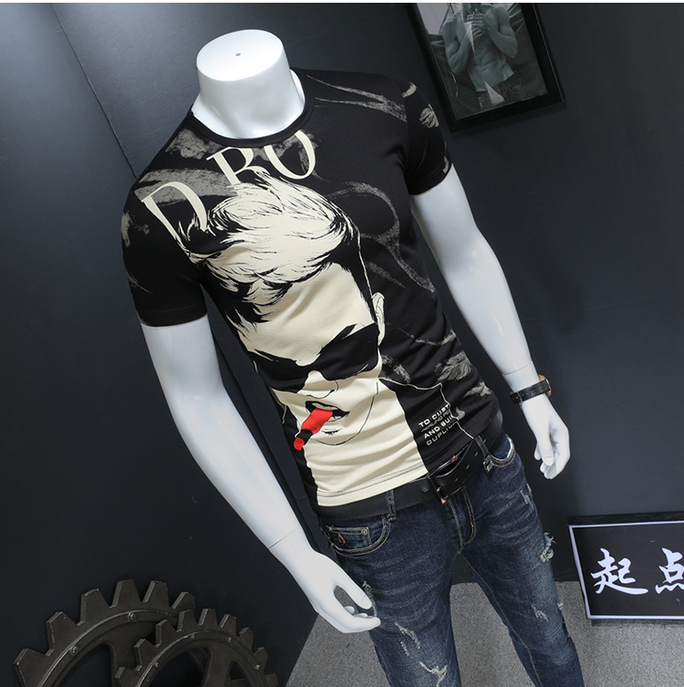 Áo thun nam ngắn tay mùa hè 2019 Mercerized Cotton In một nửa áo thun tay tròn cổ Slim nửa tay áo xu hướng Hàn Quốc - Áo phông ngắn áo thun thể thao nam