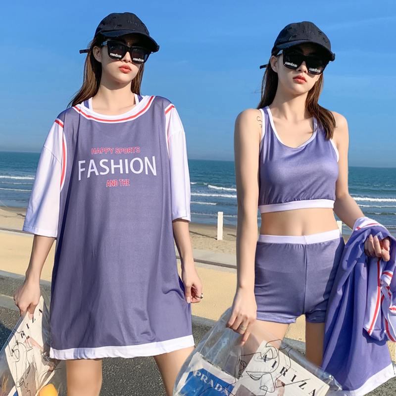 Swimsuit women's sports two-piece three-piece conservative cover belly to show thin Korean ins wind students small chest gathered swimwear