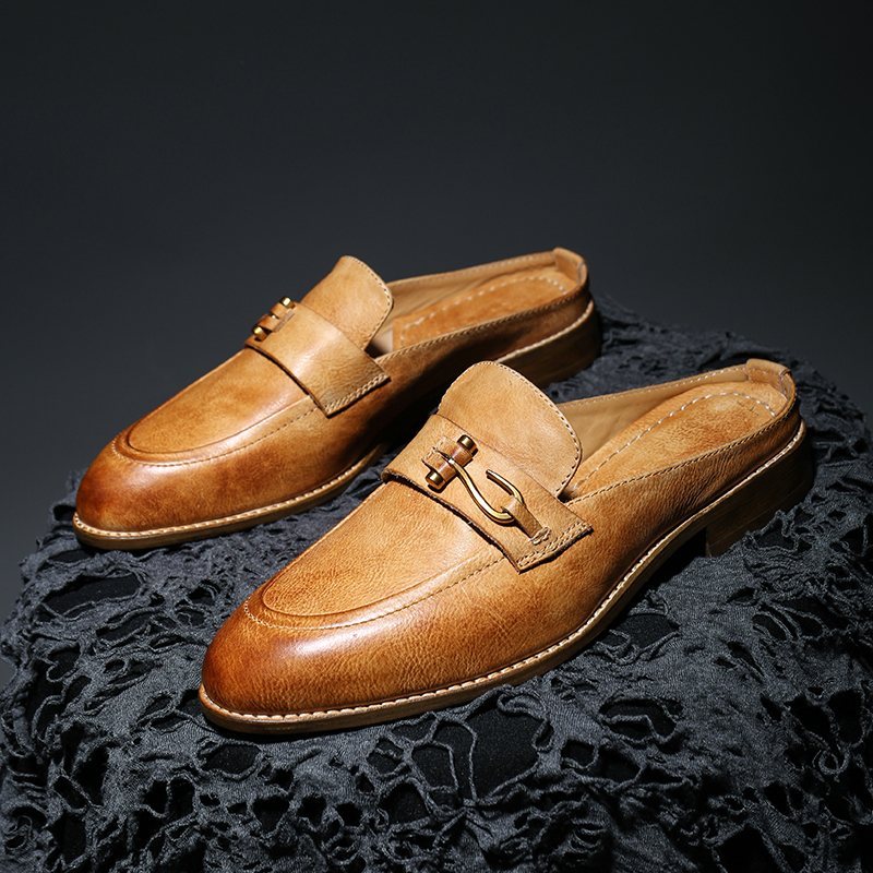 Summer Handmade Half-Slippers for Men, First-Layer Cowhide Genuine Leather Half-Slip Shoes for Men, Heelless Closed-Toe Slippers, Flat Lazy Shoes