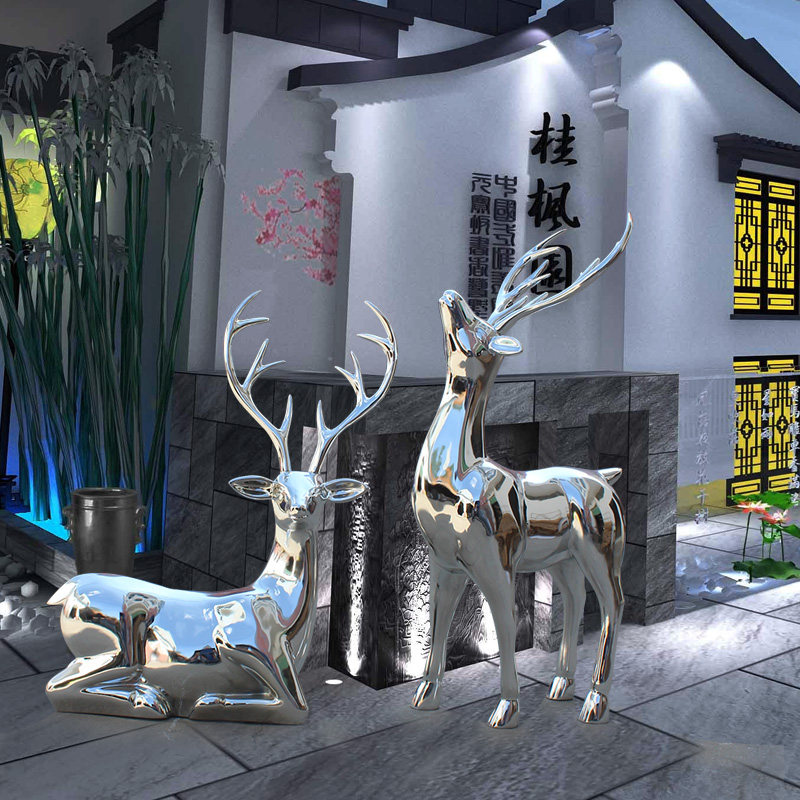 Stainless Steel Fiberglass Plated Plum Flowers Deer Creative Animal Landing Sculpture Park Forest Landscape Decorations Hem