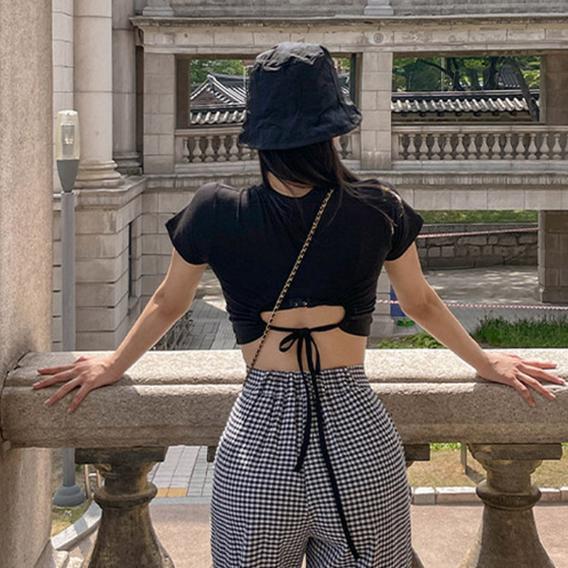 Summer Style Back-Tie Crop Top Short-Sleeve T-Shirt for Women, Round Neck, Slim Fit, Unique Design, Short Style, Regular Shoulder, Slimming Top