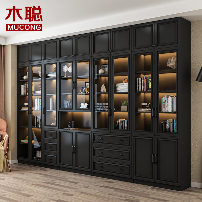Modern light and luxurious black combined bookcase with top cabinet to top glass door landing against wall anti-dust book house solid wood custom