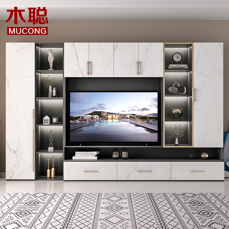 Modern Light Lavish Rockboard TV Cabinet Composition Living Room Overall TV Enclosure TV Background Wall Integrated Cabinet Film & TV Cabinet