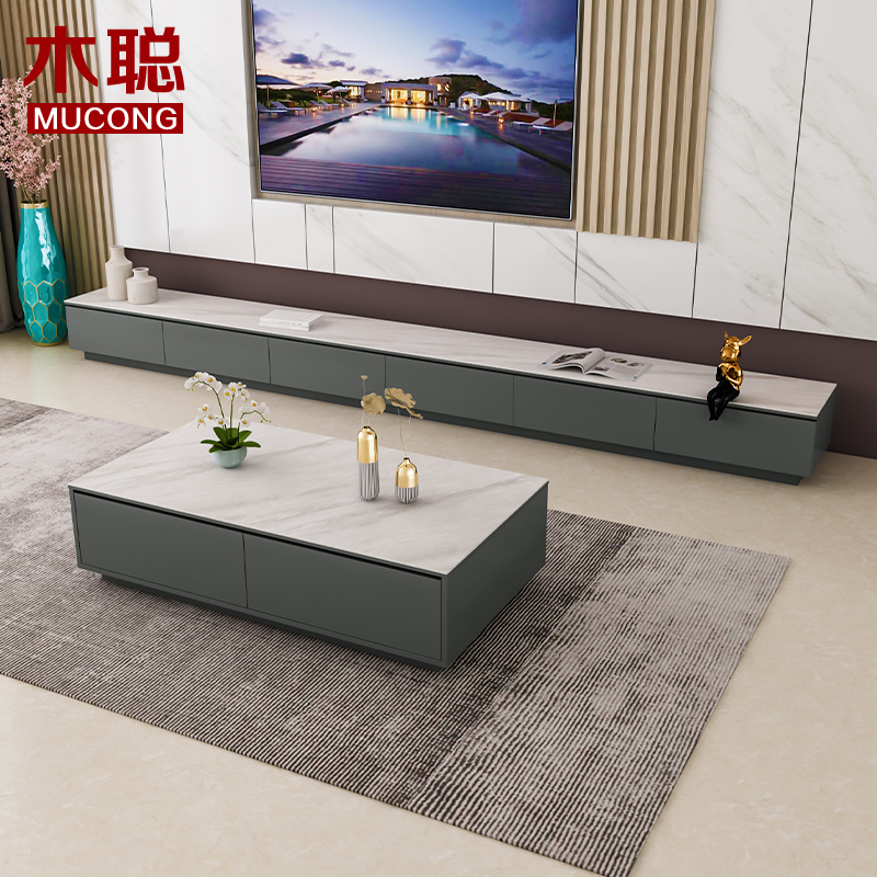 Minimalist high light rock plate tea table TV cabinet combination suit modern minimalist living-room light and luxurious wardrobe short cabinet solid wood