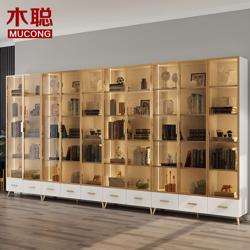 Modern light luxury bookcase bookshelf display cabinet with glass door floor-to-ceiling combination study bookcase solid wood can be customized