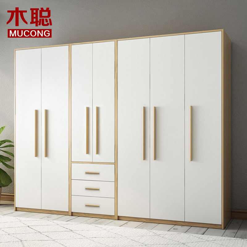 Nordic Wardrobe Minimalist Modern Economy Type Assembly Bedroom Cabinet SOLID WOOD OVERALL COMPOSITION THREE-FOUR DOORS LARGE CLOSET