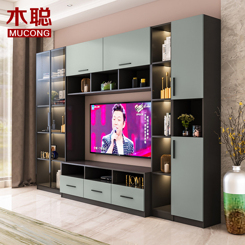 Living room modern light and luxurious TV cabinet integrated wall cabinet floor with lamp small family type wall-mounted multifunctional hanging cabinet