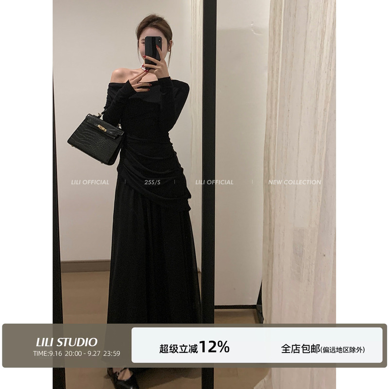 Miss Lili Early Spring Niche Design Black Birthday Dress Long Skirt Waist-Cinching Long Dress Women's Dress