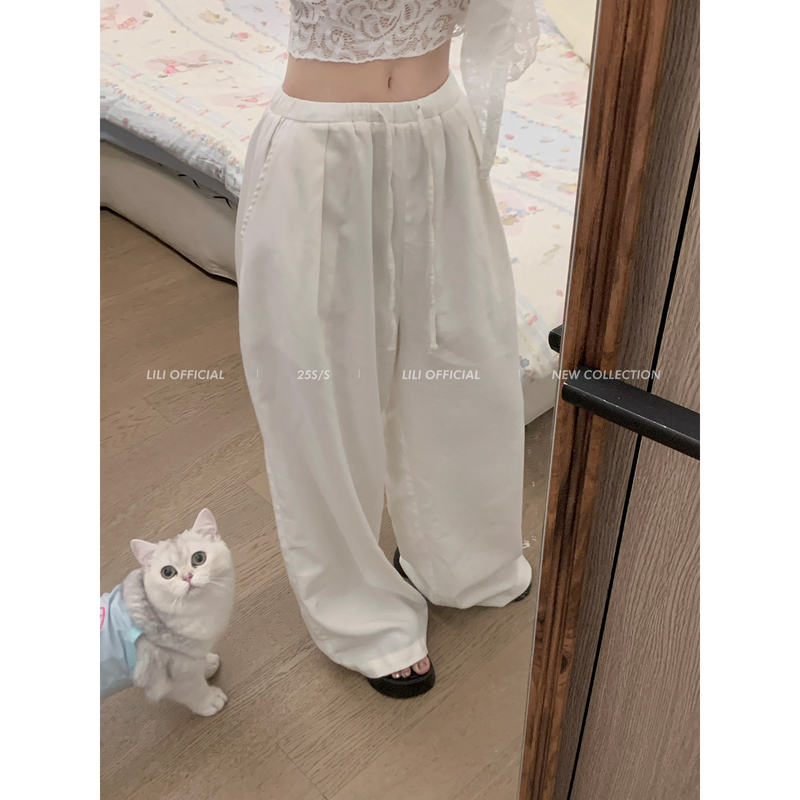 Miss Lili Cotton and Linen Heavy-Duty Washed Casual Pants, Slimming Straight-Leg Pants, Korean-Style Casual Wide-Leg Long Pants for Women