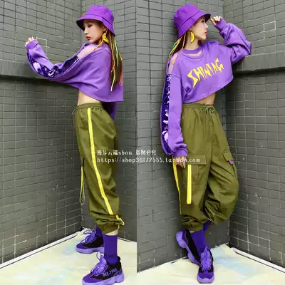 Trolling dance new hip-hop sequins sexy leaky navel sweater female hip-hop suit loose jazz dance performance suit