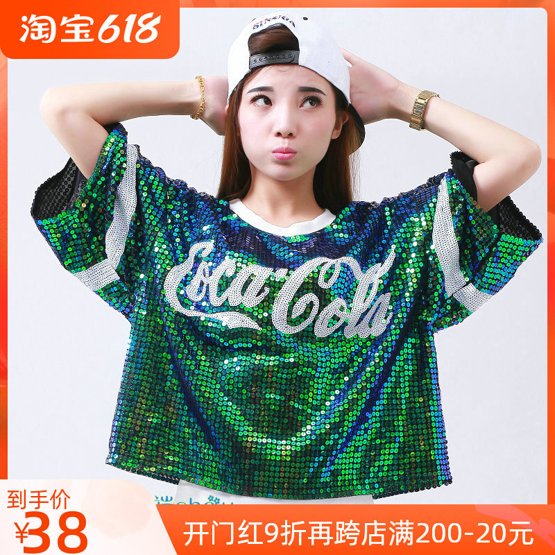 New embroidered large size sequin short sleeve T-shirt female bright shiny blouses Hip Hop Loose Jazz Square Dance Costumes