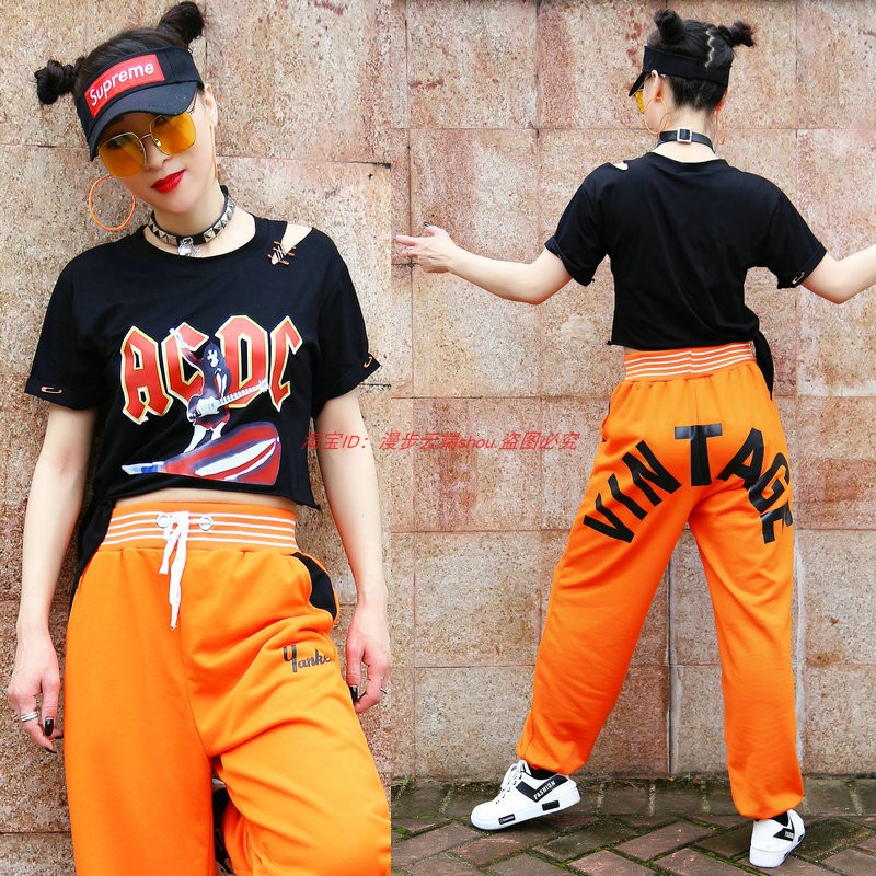 New jazz Dancing Jacket Short Sleeve Hip Hip Hop Pants Women Loose Square Ghost Walk Team Dress Set