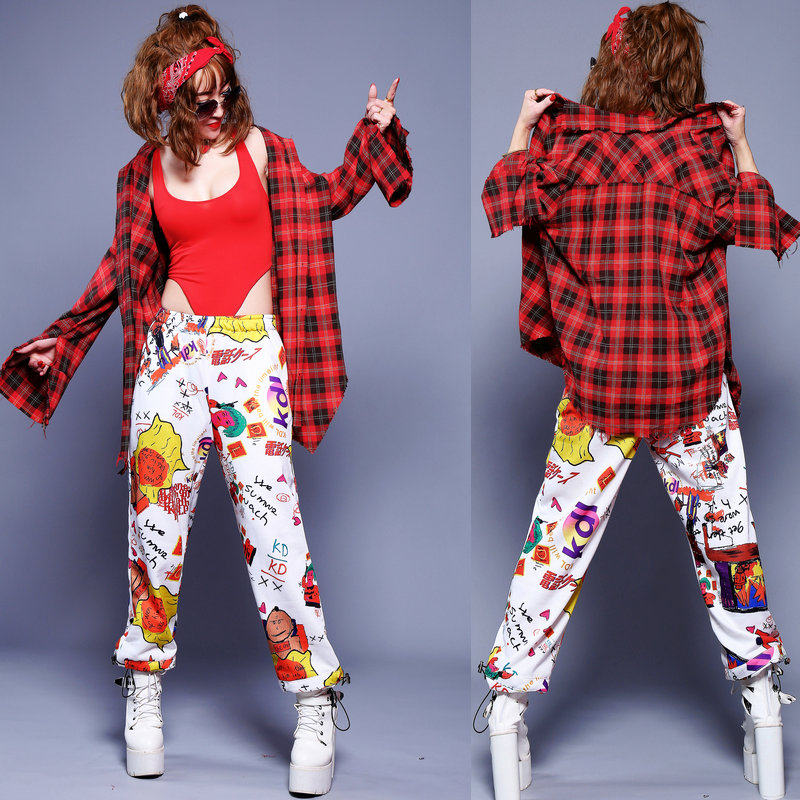 Hiphop tops loose grid jazz modern dance costume casual street dance sweater performance suit