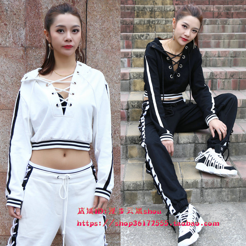 New Dew Navel High Waist Loose Short Sweatshirt Hip Hop Street Dance Hollowed-out Leisure Suit Jazz Dance Team Performance Suit