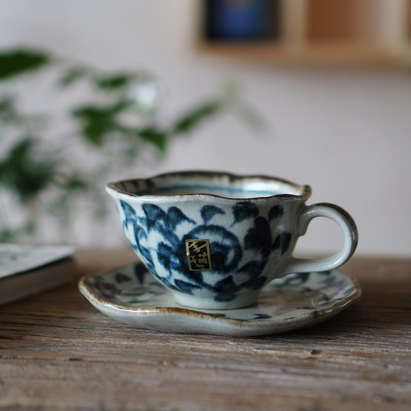 Li Tai's home Japan imported Mino burning mountain cherry blossom handmade rough ceramic coffee cup retro Tang grass tea cup and saucer set