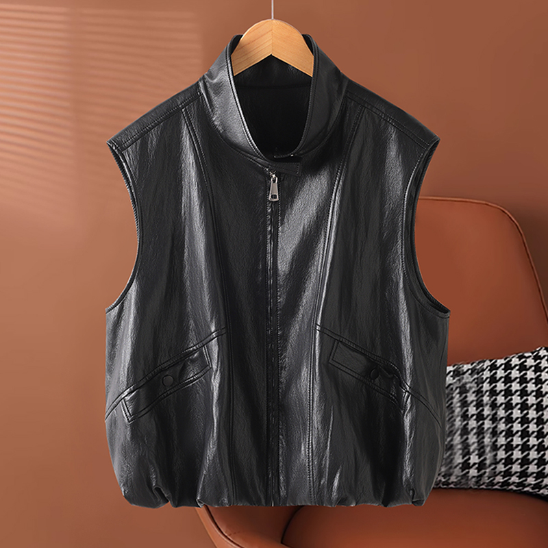 High-End Stand-Up Collar Genuine Leather Vest for Women, Short Sheepskin Sleeveless Vest, Loose Waistcoat Jacket High-End Stand-Up Collar Genuine Leather Vest for Women, Short Sheepskin Sleeveless Vest, Loose Waistcoat Jacket