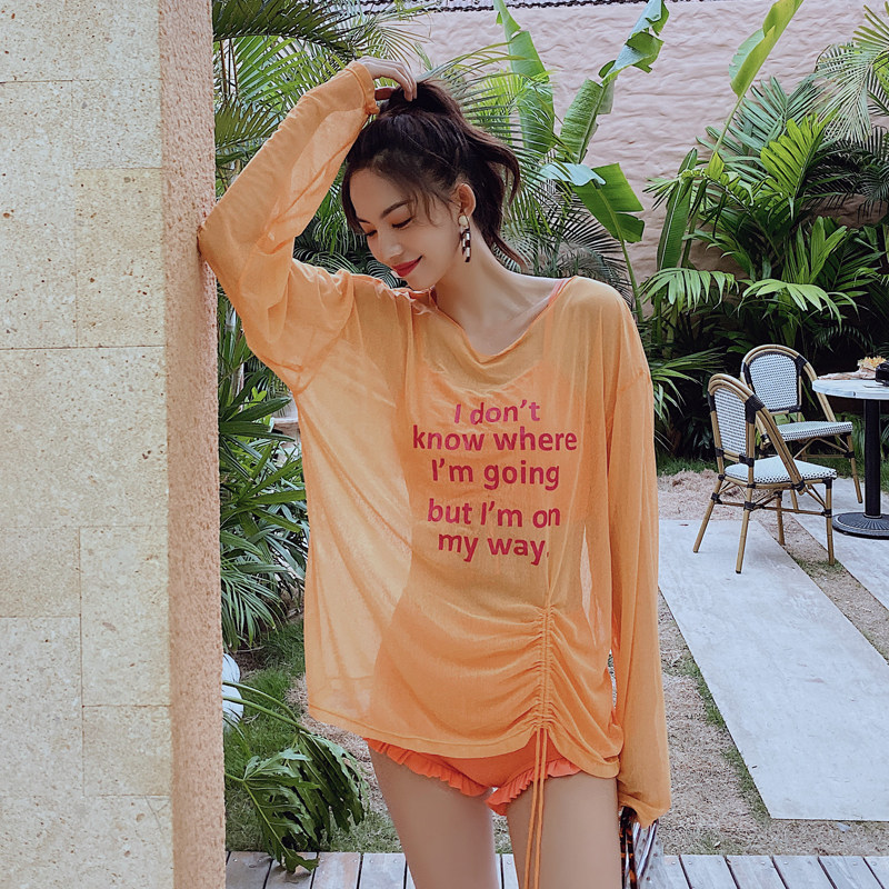 Korean Version Sexy Lady Swimsuit Summer 2021 New Fairy woman Fan Long sleeves Conservative Two-style student jacket hood swimsuit
