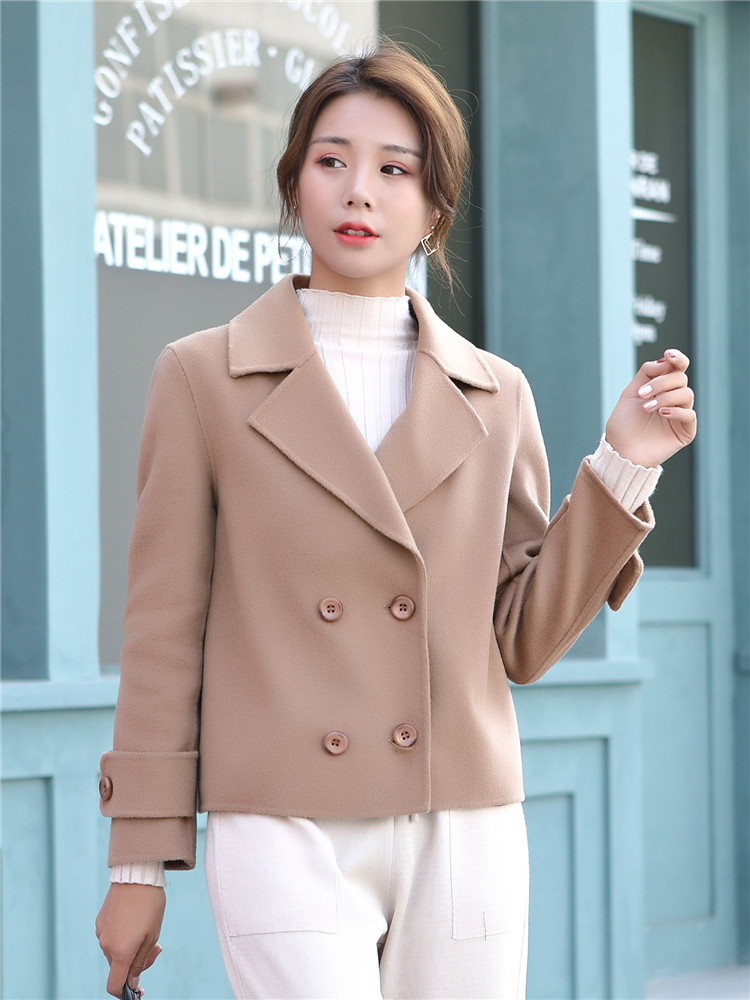 2019 mới hai mặt ngắn của phụ nữ mỏng len cashmere áo khoác len xương cá nhỏ áo len nhỏ áo khoác đẹp