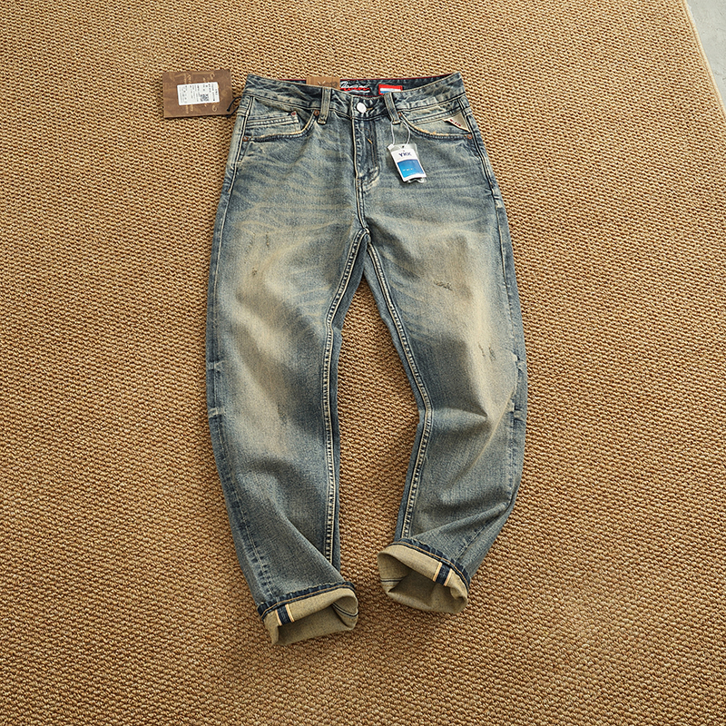 High-End Selvedge Denim Jeans for Men, Slim Fit Cut, Whiskered, Brushed White, Stretchy, Slim Straight-Leg Pants