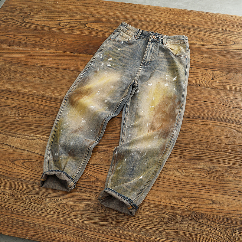 American-Style Trendy Brand Autumn and Winter Heavy-Duty Loose Straight Tapered Jeans for Men with Unique Splatter Ink, Dirty Wash, and Distressed Harem Pants for Men