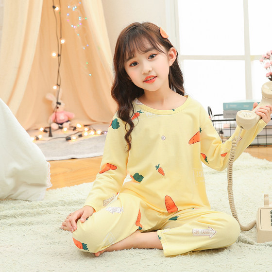 夏季长袖居家居套装夏天女孩薄款空调服女童纯棉童装儿童睡衣舒适