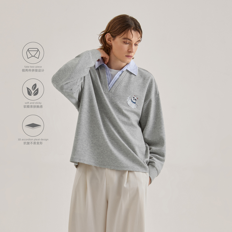 Mono Profile Fake Two-Piece Polo Sweatshirt for Men, Anti-Wrinkle, Non-Deformable, Preppy Style Printed Couple Long-Sleeve T-Shirt
