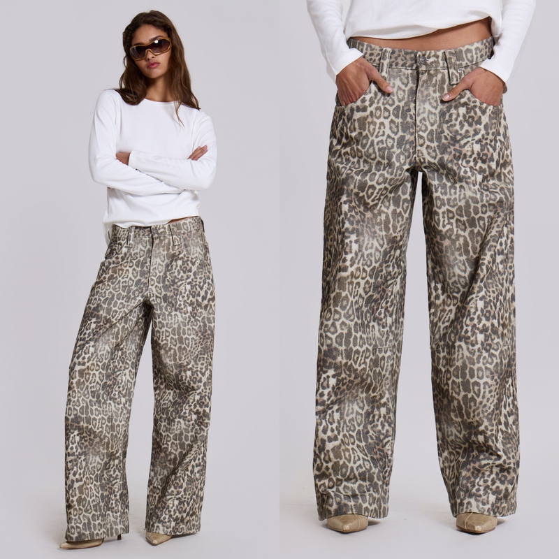 Jaded London Jeans American-Style Leopard Print Wide-Leg Pants for Women Loose Retro Street Low-Rise Flared Pants