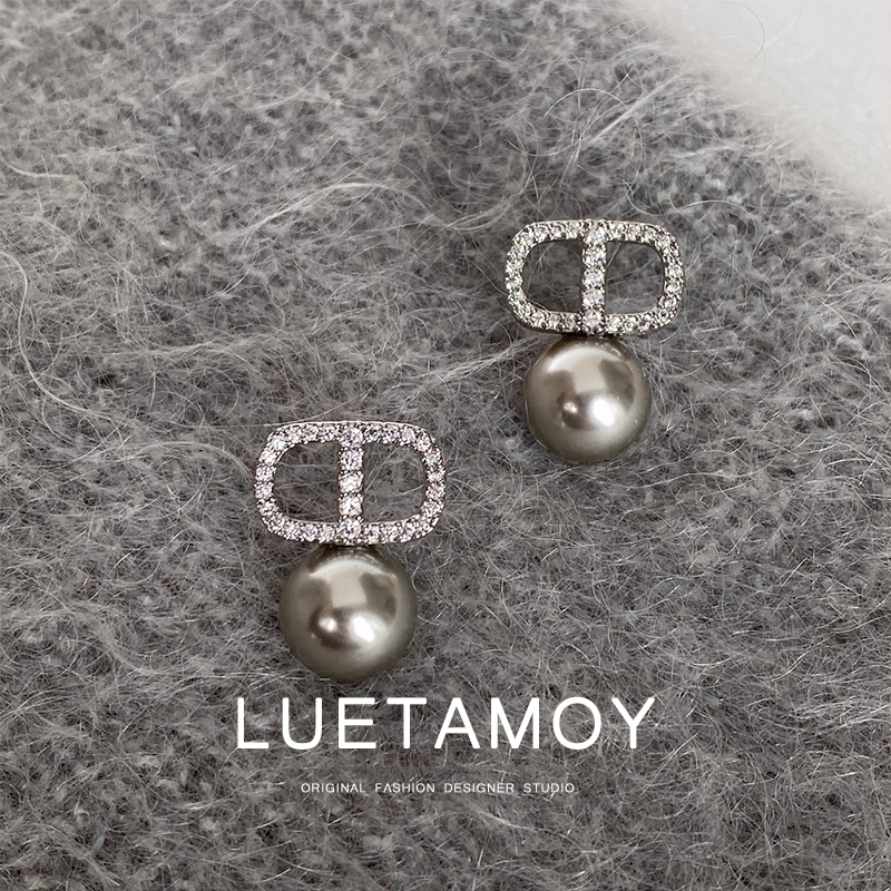 Italian [Designer] Luetamoy Pig Nose Full Diamond Cool Gray Pearl Earrings Women's High-End Earrings