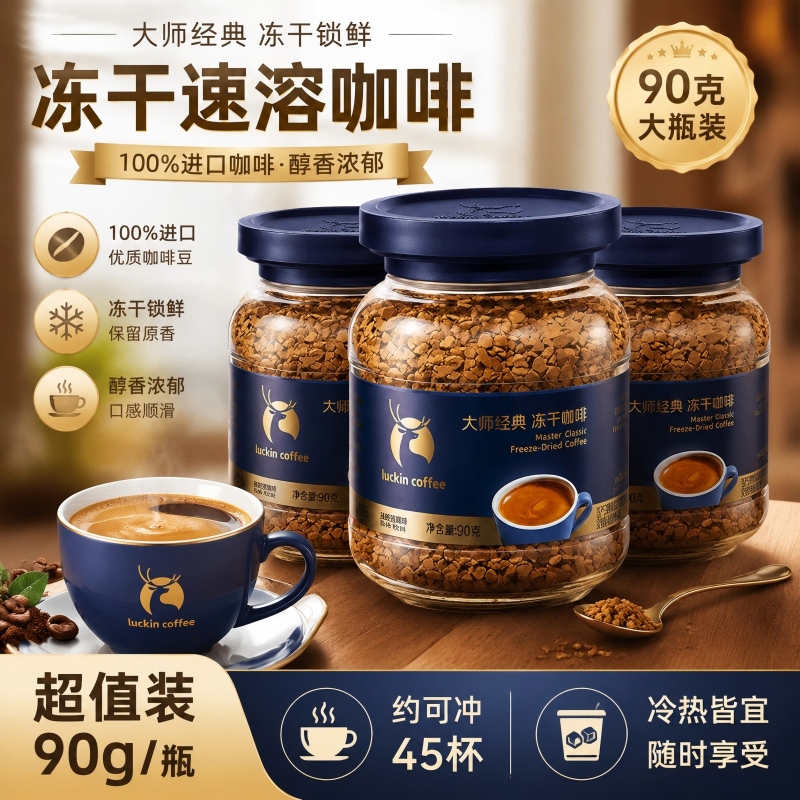 Luckin Coffee Master Classic Freeze-Dried Instant Americano Freeze-Dried Coffee 0 Sugar 0 Fat Medium Dark Roast Black Coffee Powder 90g