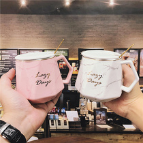Korean version couple marble pattern ceramic cup mug water cup with lid spoon male and female students milk coffee cup