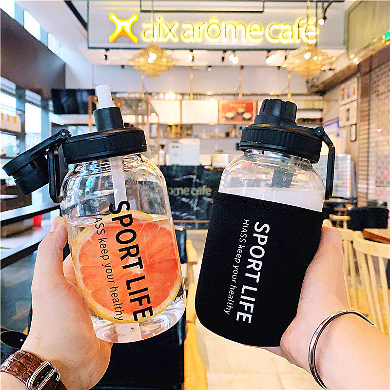 Creative large-capacity straw glass male water cup portable personality female student with tea drain 1000ml trendy cup