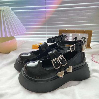 taobao agent Black thick bottom small leather shoes female Japanese retro British wind head jk love sweet and cool puffing cake Maryzhen big head shoes