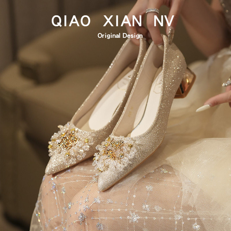 Champagne Wedding Shoes That Don'T Tire Your Feet, Suitable for the Bride, Traditional Chinese Wedding Dress, Thick Heel, Low Heel, Engagement, Gold Women's Shoes, Bridesmaid Shoes