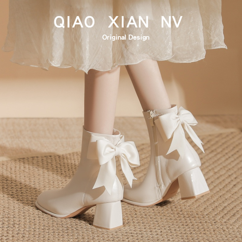 Early Spring Version ~ Chunky Heel Slim Martin Boots High Heel with Fleece White Wedding Shoes Bridesmaid Short Boots Women's Leather Boots Winter