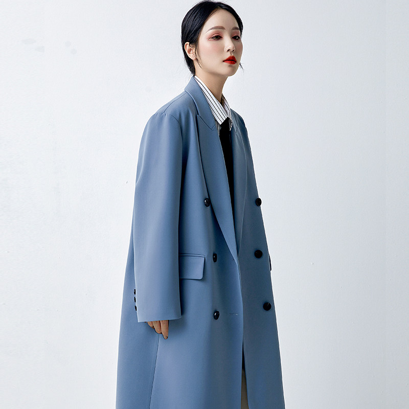 Ice Blue Windbreaker Women 2022 Spring Autumn Popular New Korean Version Temperament Loose Coat Suit Collar Long Version Coat