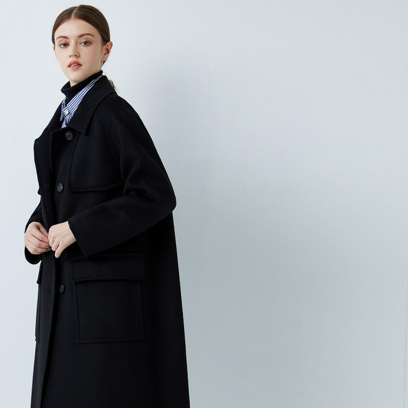 Black double-sided cashmere coat women's 2022 new autumn and winter mid-length Korean version loose high-quality woolen coat