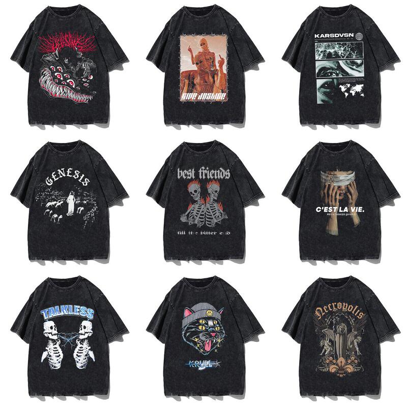 American High Street Retro Washed Vintage Printed Short-Sleeve Pure Cotton T-Shirt Unisex Trendy Loose Hip-Hop Couple Tops