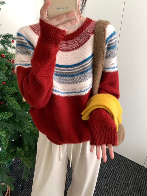 Thick and Warm Retro Ethnic Style Striped Color-Blocked Raglan Sleeve Camel Wool Cashmere Knit Sweater Loose Sweater for Women Winter