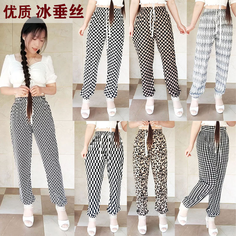 Summer thin section quality ice pituitary tow foot lamp cage pants woman lengthened coveted ice wire anti-mosquito pants cool and cool pants Chessboard Plaid