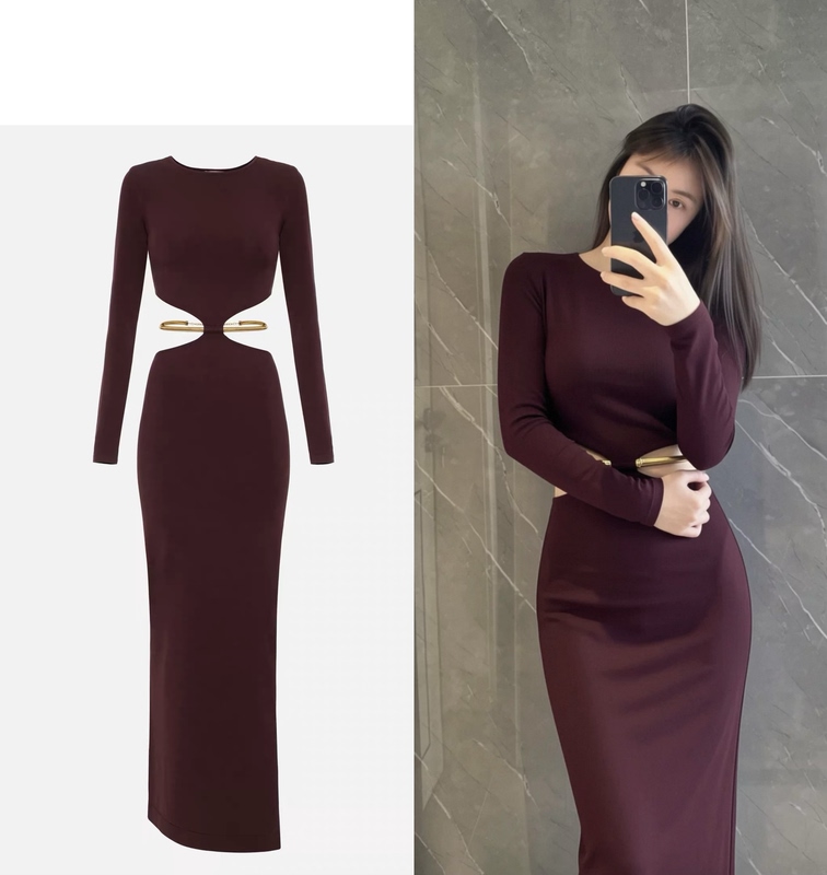 Duan Yichun, the Same Style as Ah Sa, Bellarosehan Italian Ef Show Style Hollow-Out Long-Sleeve Dress