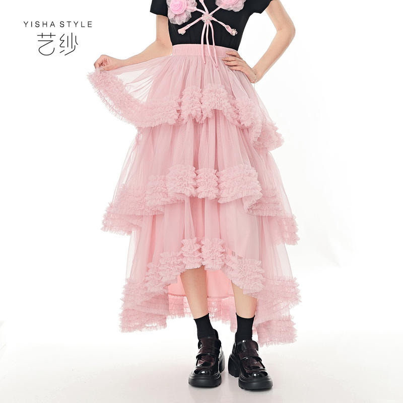 【Yisha】Design-Focused Niche Cake Skirt with Irregular Ruffles, Fairy-Like Skirt, Sweet Pink Mesh Skirt