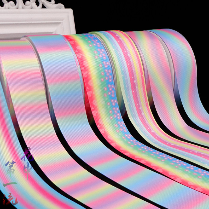 DIY Zephyr Material Hair Accessories Bow Heat Transfer Ribbed Fan Rainbow Ribbon Print Ribbon 50 Yards