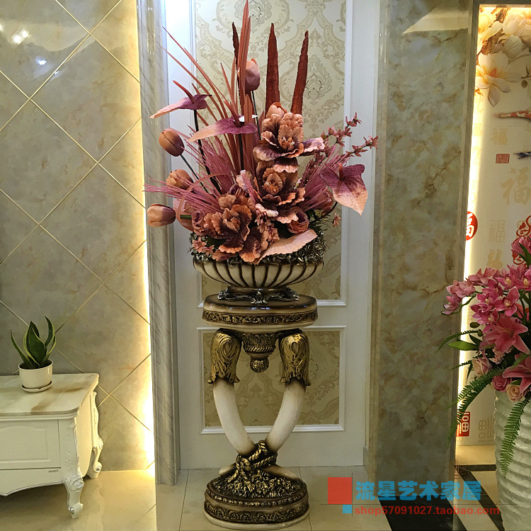 Roman column floor-to-ceiling large vase simulation flower arrangement set living room hotel club European-style modern decoration ornaments