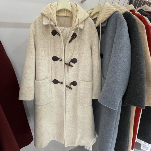 90白鸭绒内里羊毛呢子过膝长款大衣女针织帽牛角扣外套羽绒服冬季