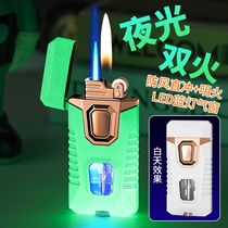 Internet celebrity mecha dual fire cool inflatable lighter windproof straight into open flame blue light high appearance high-end gift for men