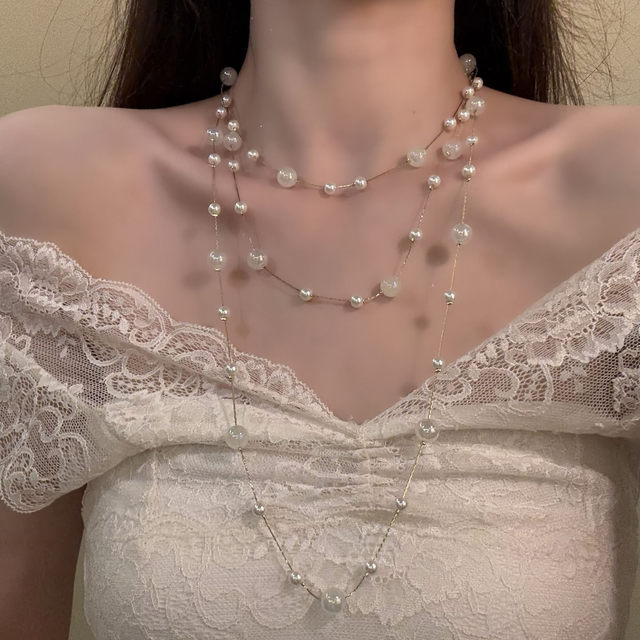 HEY TAO Super Immortal and Beautiful Long Pearl Necklace for Women Exquisite Gypsophila Multi-Layered Clavicle Neck Accessories