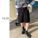 High waisted loose casual black woolen shorts
