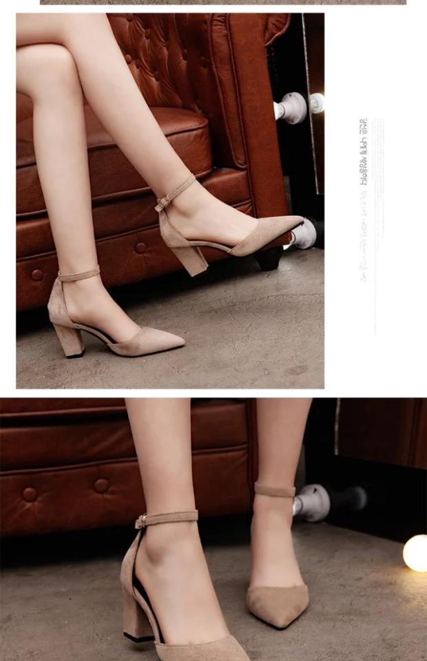 Mùa xuân và mùa thu Hàn Quốc của sandal mũi nhọn da lộn Baotou với giày cao gót có khóa rỗng với đế dày với giày đơn nữ mùa hè giày vento nữ