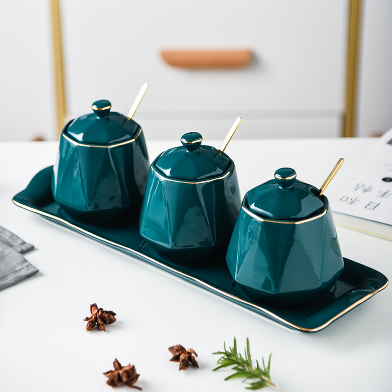 Nordic ceramic seasoning jar household seasoning box kitchen seasoning storage box seasoning bottle three-piece European-style sauce pot